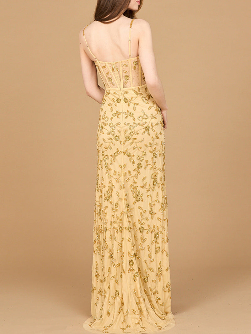 Beaded Corset Gown with Slit