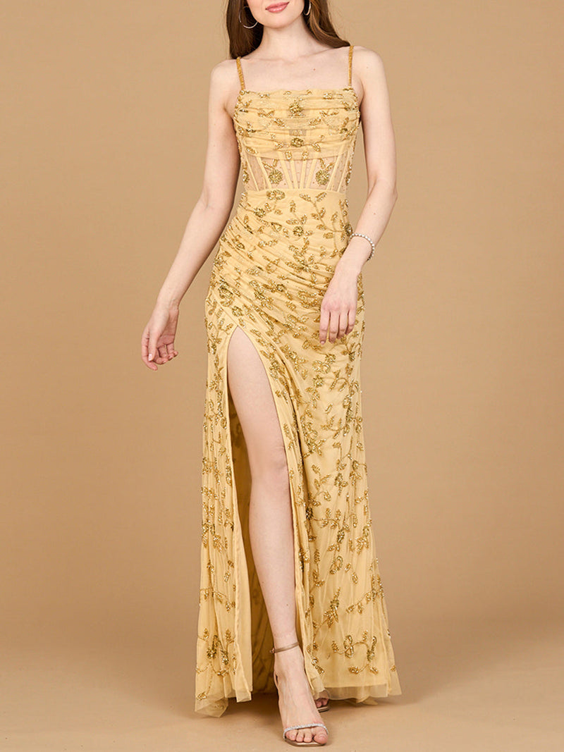 Beaded Corset Gown with Slit