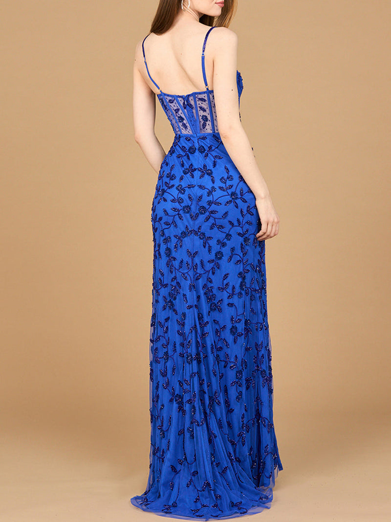 Beaded Corset Gown with Slit