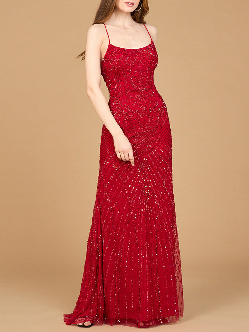 Lace Up Open Back Beaded Dress