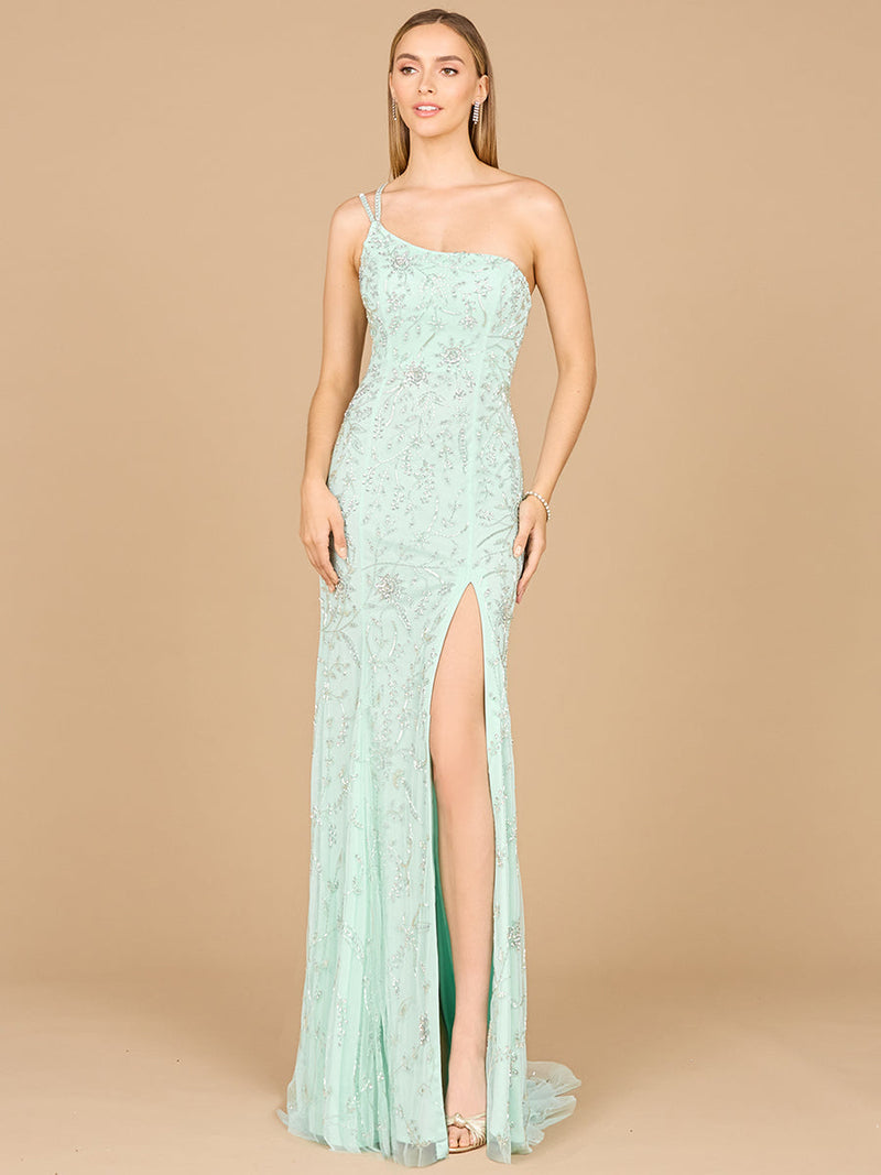 One Shoulder Beaded Gown with Slit