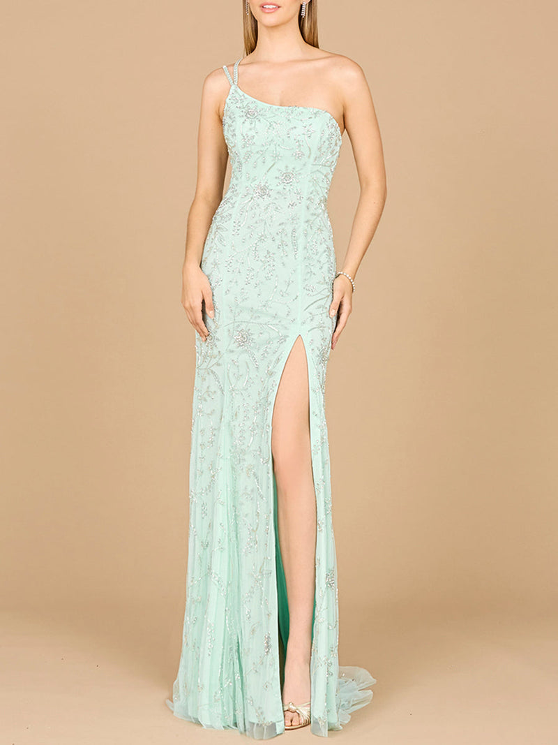 One Shoulder Beaded Gown with Slit
