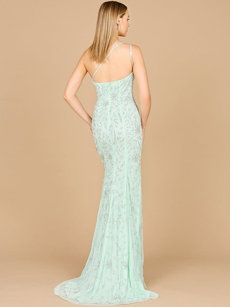 One Shoulder Beaded Gown with Slit