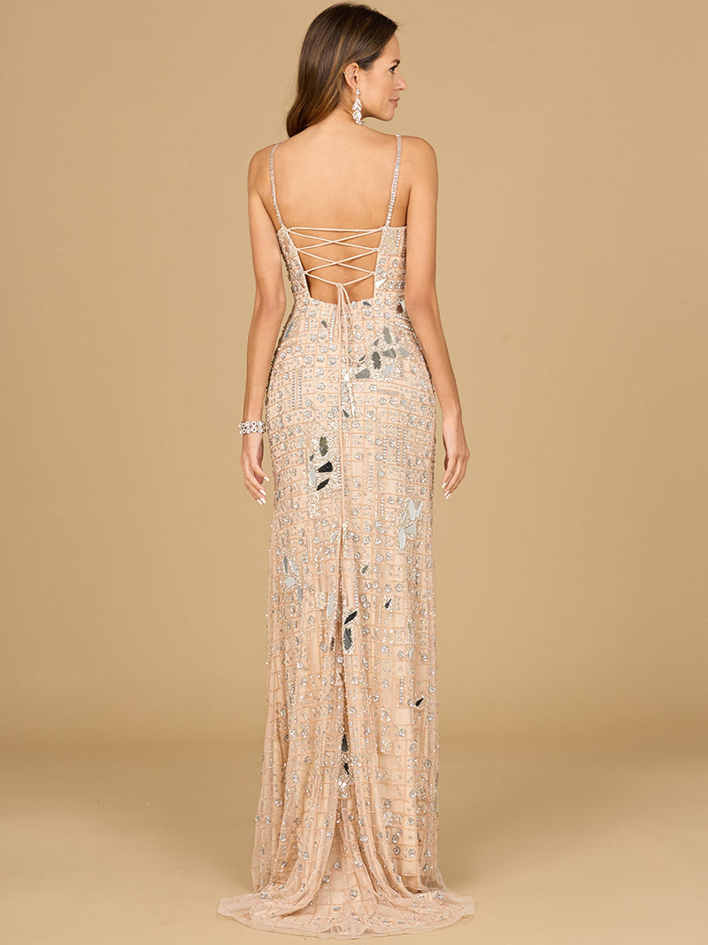 Mirror Beaded Gown With High Slit