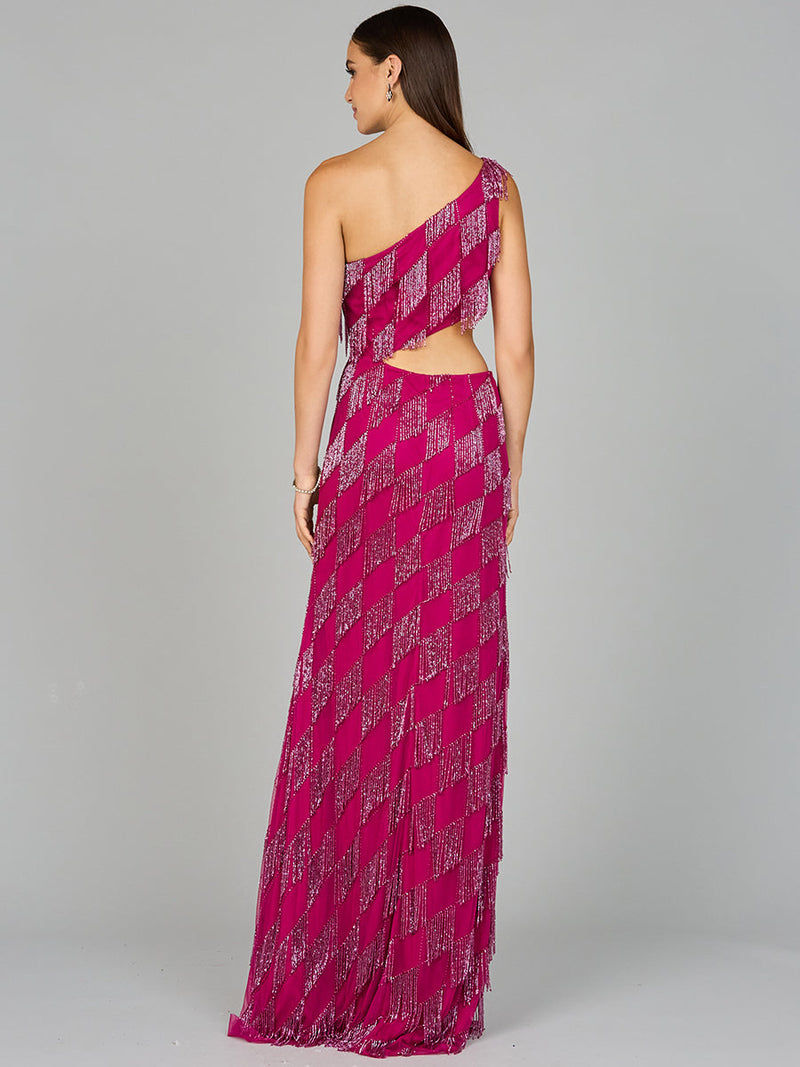 One Shoulder Fringe Gown