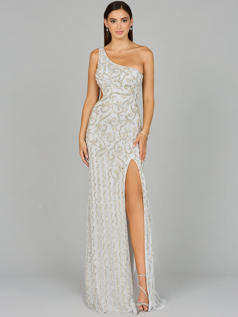 One-Shoulder Beaded Gown with Slit