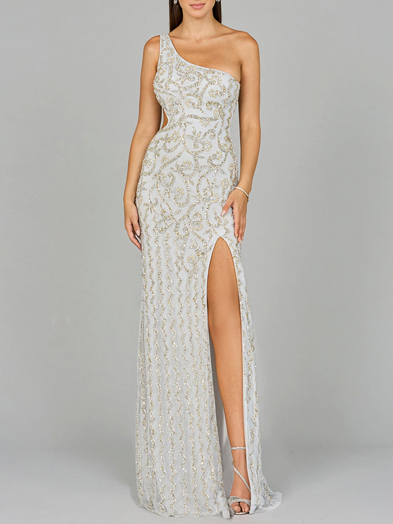 One-Shoulder Beaded Gown with Slit
