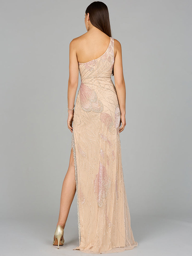 One Shoulder Beaded Gown with Fringe Slit