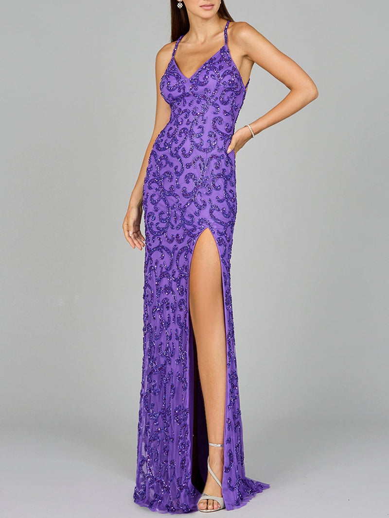 Sultry Beaded Gown with Slit