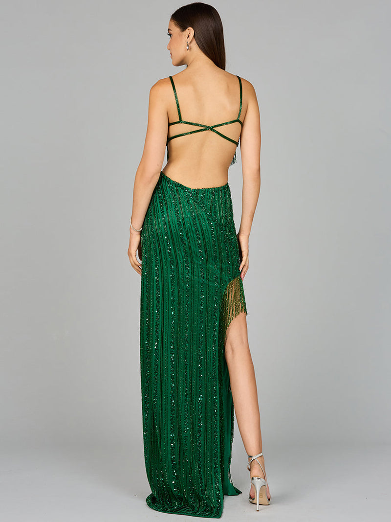 Cutout Beaded Gown with Fringes