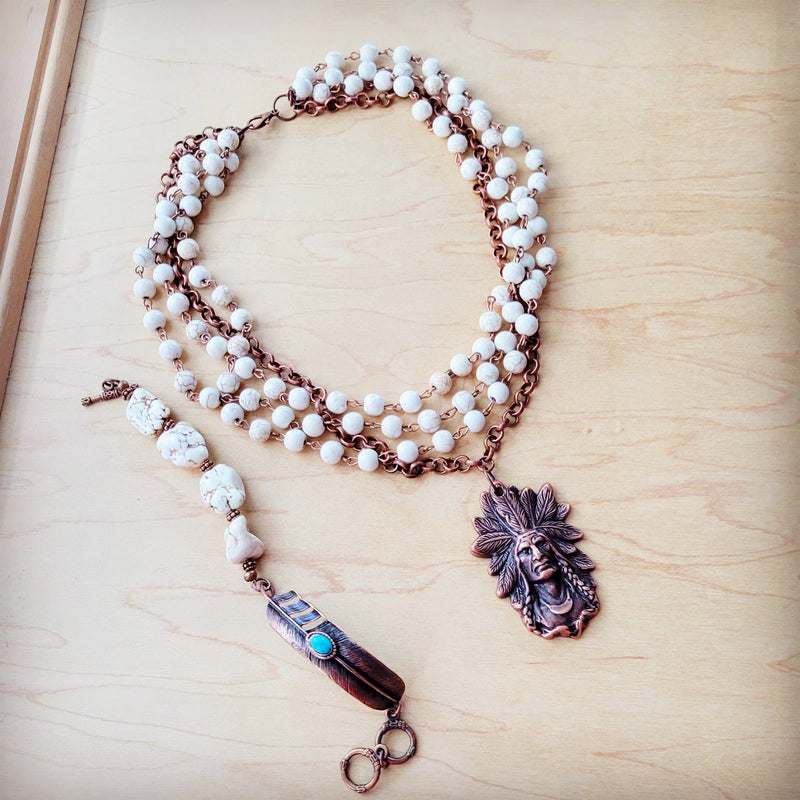White Chunky Turquoise Beaded Bracelet on Copper Feather 810s