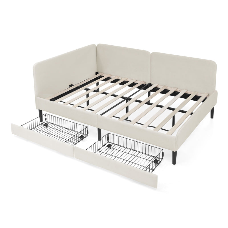 Upholstered Platform Bed Frame With 2 Storage Drawers And Adjustable Sofa Bed