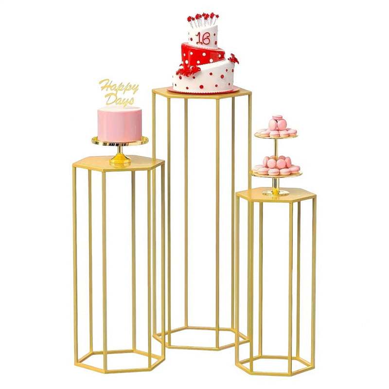 Hex Wedding Cake Stands | 3-Piece Set Gold Metal Pedestals