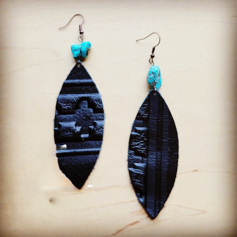 **Leather Narrow Oval Earrings in Black Navajo w/ Turquoise Accent 216a