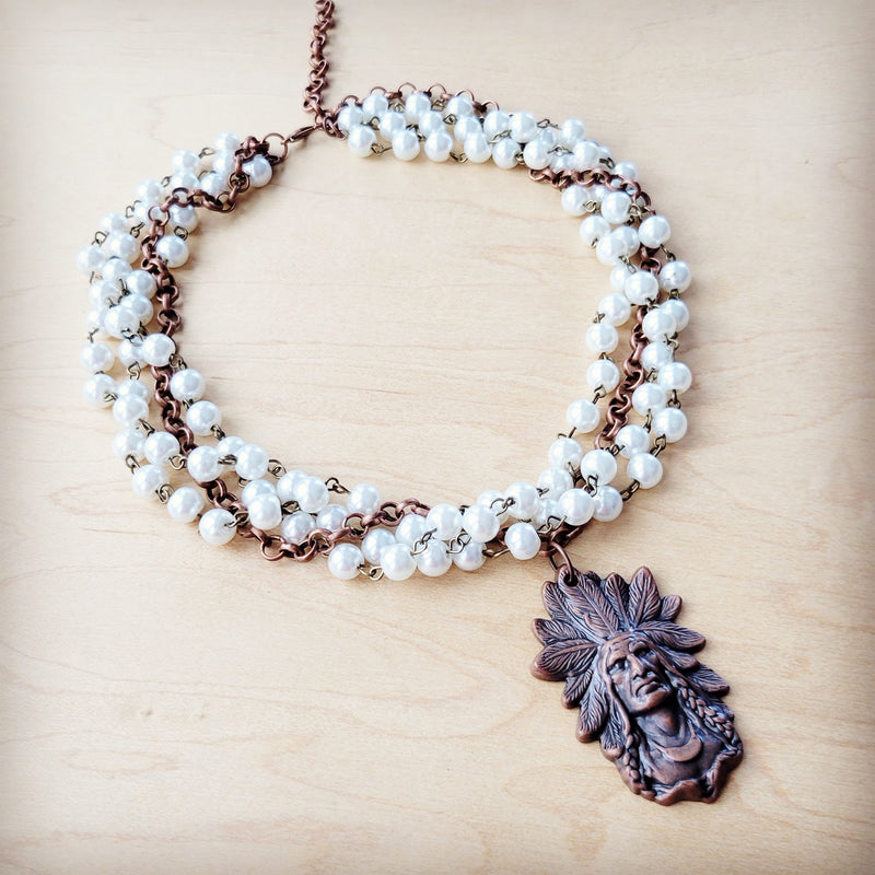 Pearl and Copper Beaded Collar Necklace w/ Indian Pendant 260q
