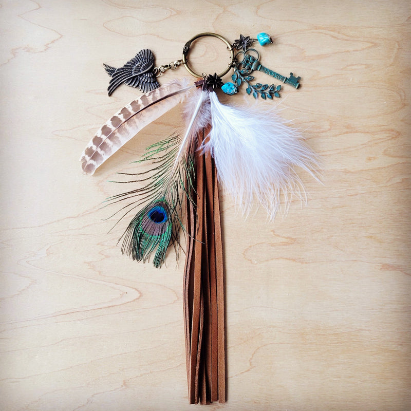 Boho Western Leather Boot Bling Charm Peacock & Key 500j