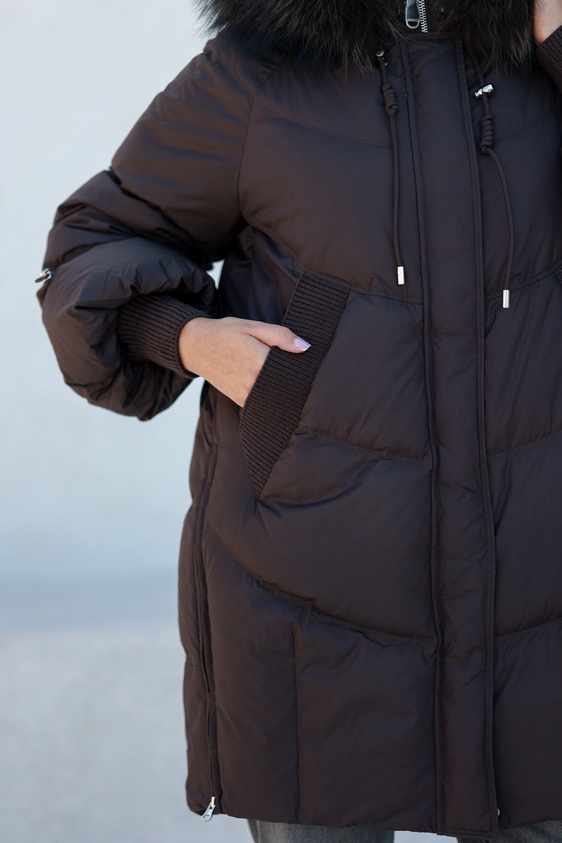 Celeste Genuine Fur Trim Down Fill Coat in Fig