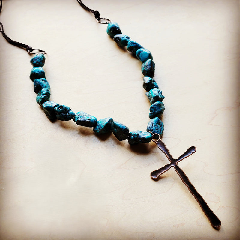 Natural Blue-Green Turquoise Necklace w/ Large Copper Cross 255x