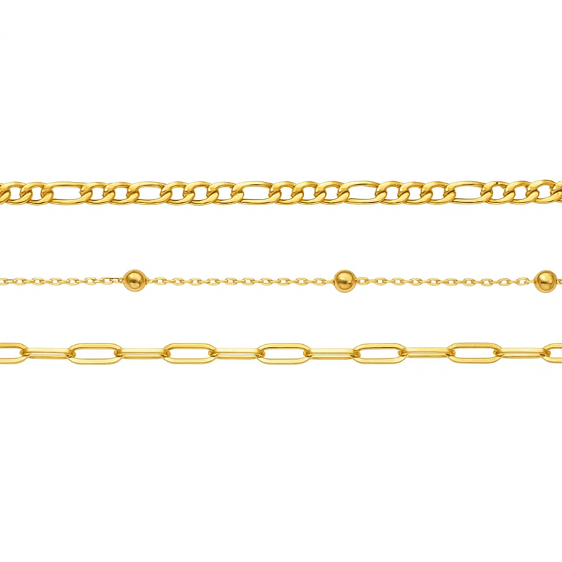 Adriana 3-Piece Stackable Bracelet Trio Set, Beaded, Figaro, Paperclip Link