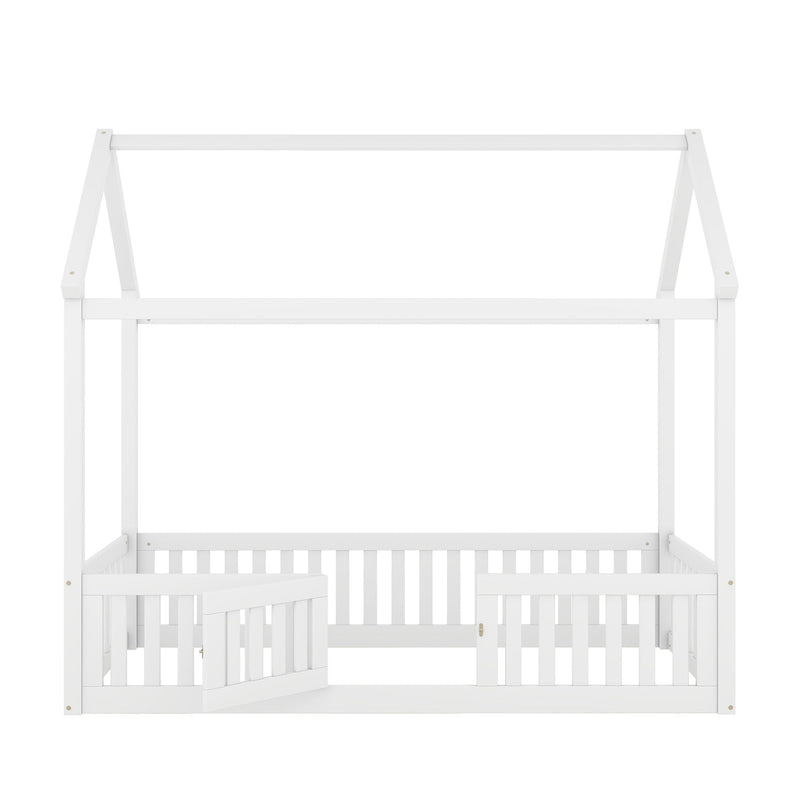 Wood House Bed With Fence And Door