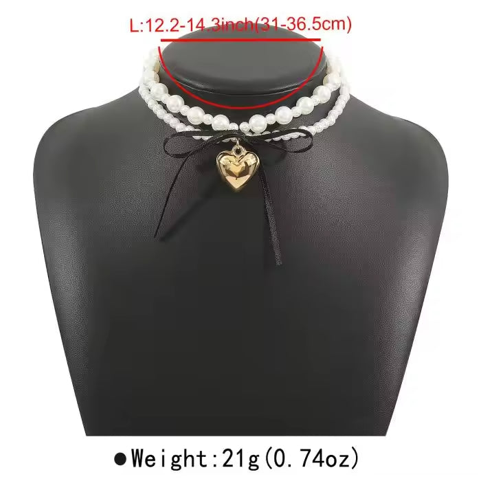 Goth Black Ribbon Bow Heart Pendant Necklace