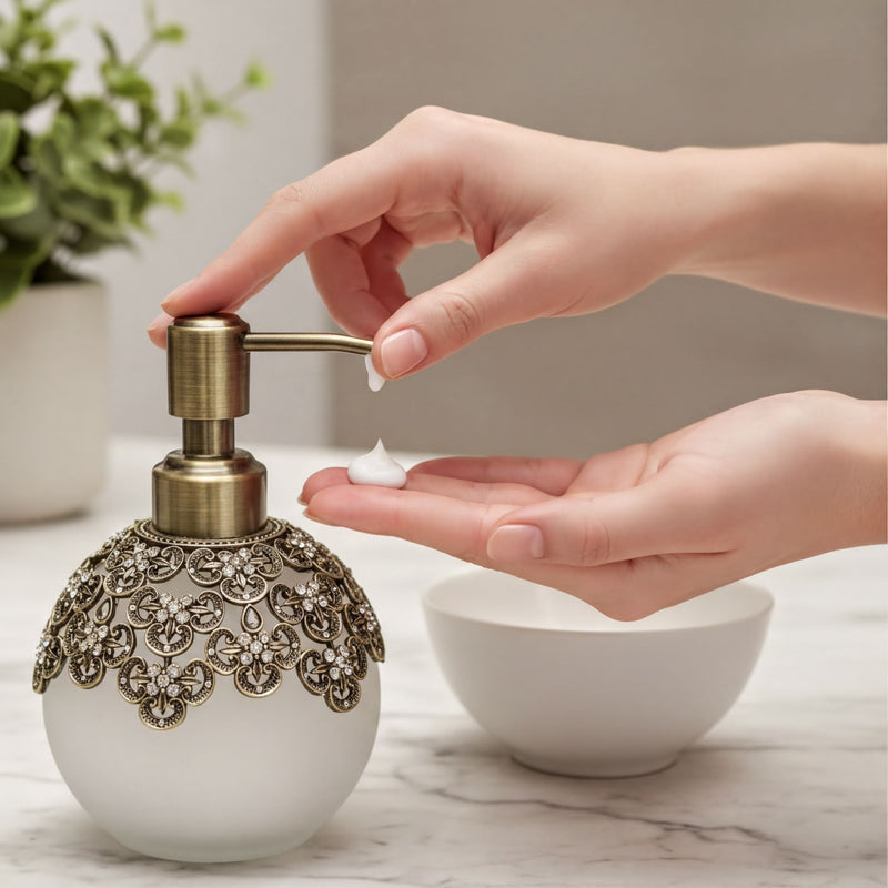 Soap Dispenser – Elegant Frosted Glass, Pewter & Rhinestone Decorative Pump
