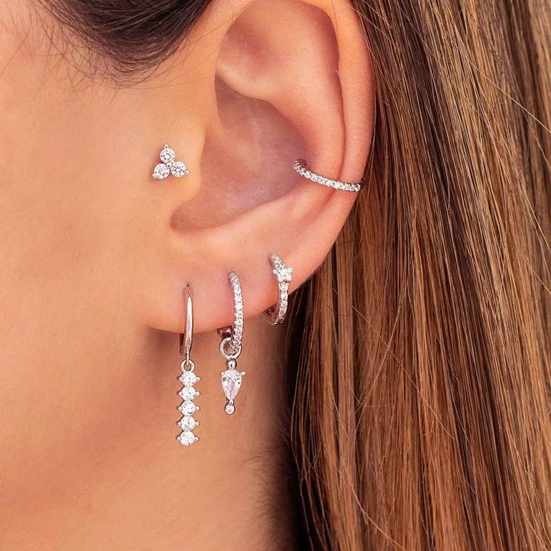 Stacking 5 Pieces Simple Clover Single-Row Serrated Ear Cuff Earring Set, 18k Gold-Plated  Teardrop Zircon Earrings, S925 Needle, Stacked Lobe Designs with Dazzling Zirconia