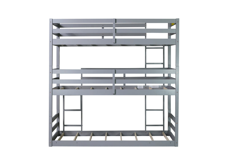 Triple Rubber Wood Bunk Bed with Two Built-in Ladders, Guardrails, Twin over Twin over Twin, Detachable Triple Twin Bunk Bed,Grey