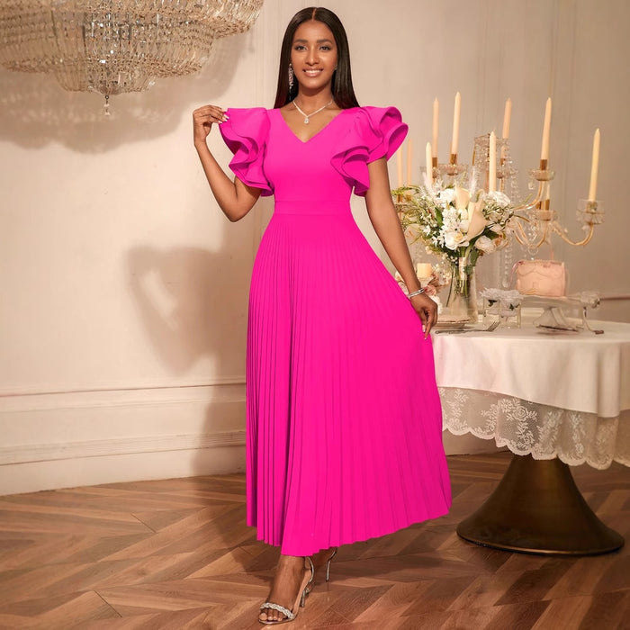 V-neck Elegant New Ruffled Short Sleeve Pleated Skirt