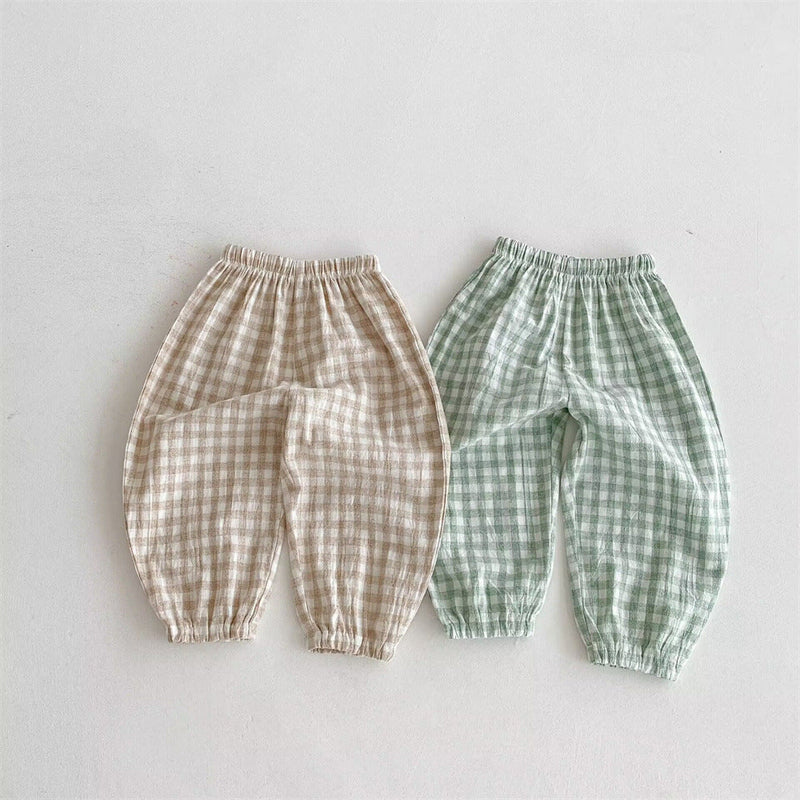 Ins Summer Children's Plaid Trousers Thin Linen Style