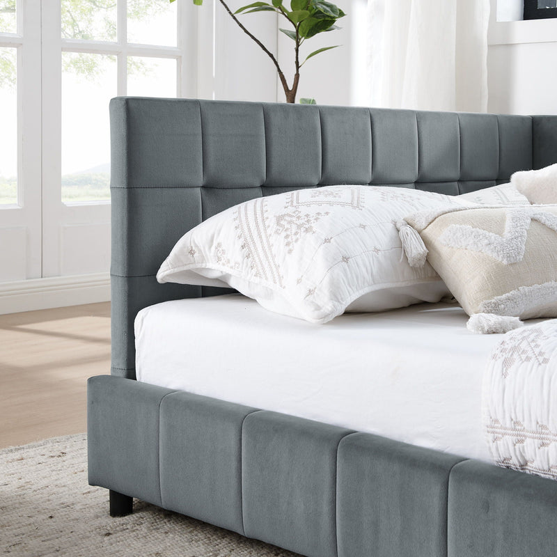 Mid-Century Storage Upholstered Tufted Bed Frame With Backrest And Armrests