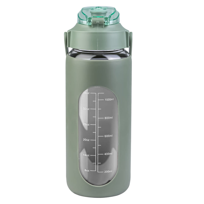 34Oz Glass Water Bottle Sports Water Bottle Motivational Water Bottle Water Intake Tracker Bottle with Straw Time Marker Silicone Sleeve Handle for Gy