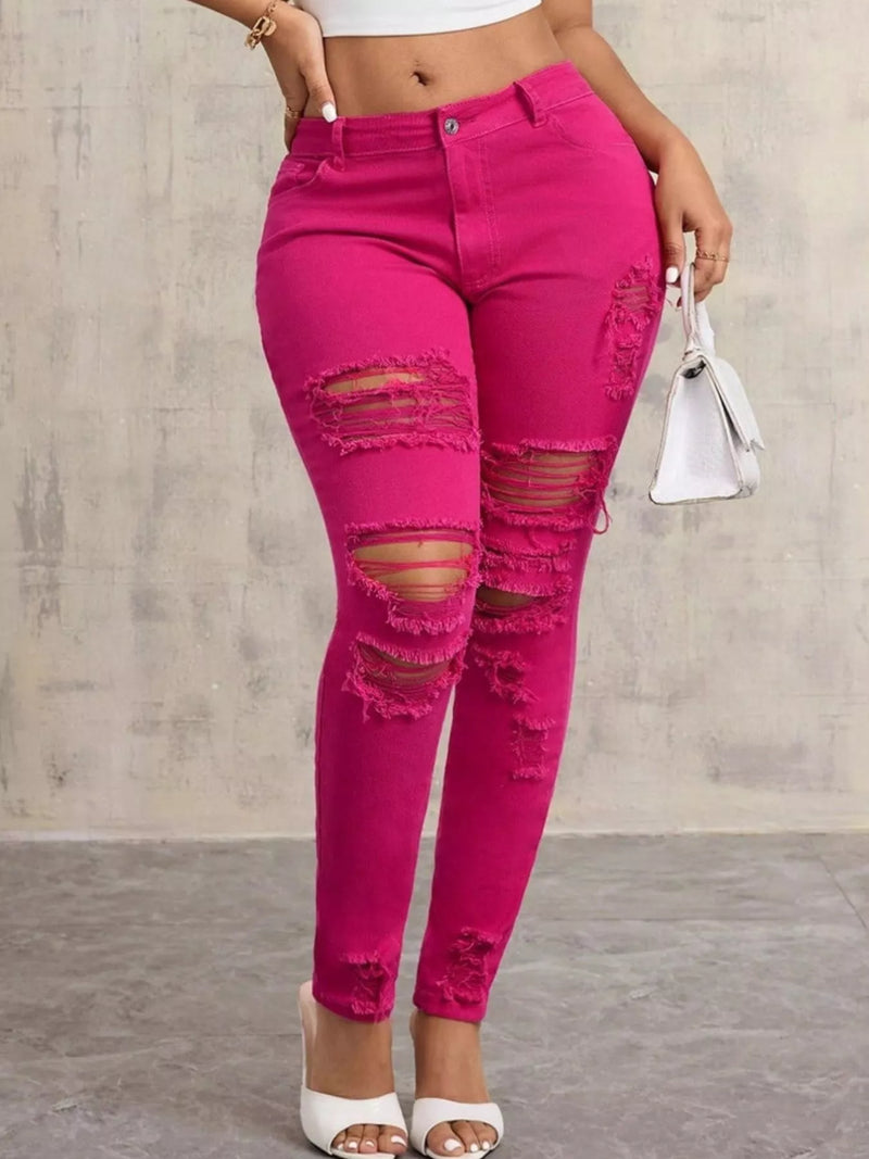 Fuchsia Fierce Distressed High-Waisted Skinny Jeans