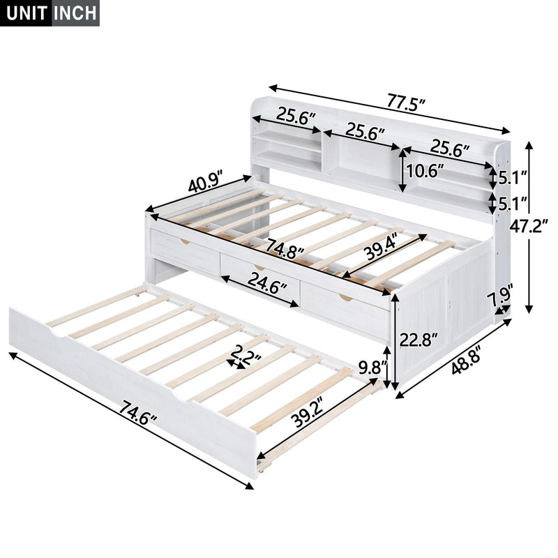 Captain Bed With Built In Bookshelves, 3 Storage Drawers, And Trundle