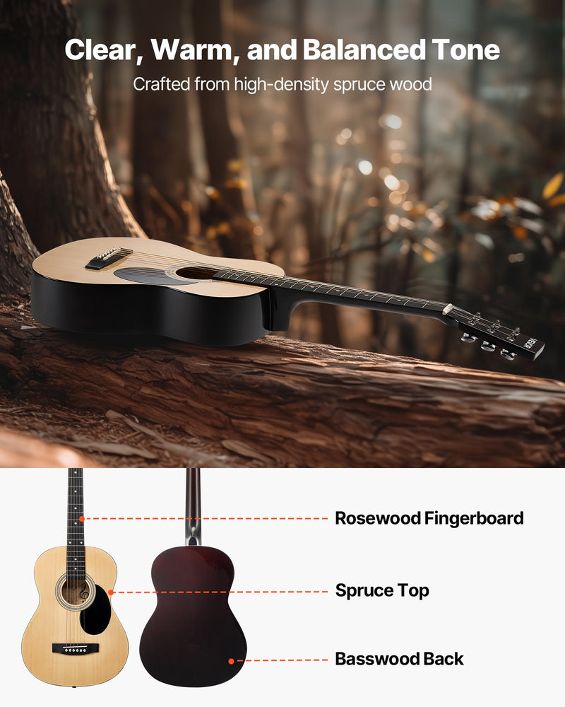 Dreadnought Acoustic Guitar, 39 In, 6-String Natural Solid Spruce Top Guitar, Portable Bundle With Gig Bag, Tuner, Strap, Steel Strings, Picks, Capo, Rosewood Fingerboard, For Beginner Adults