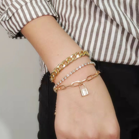 Women Crystal Chain Lock Charm Bracelet Set