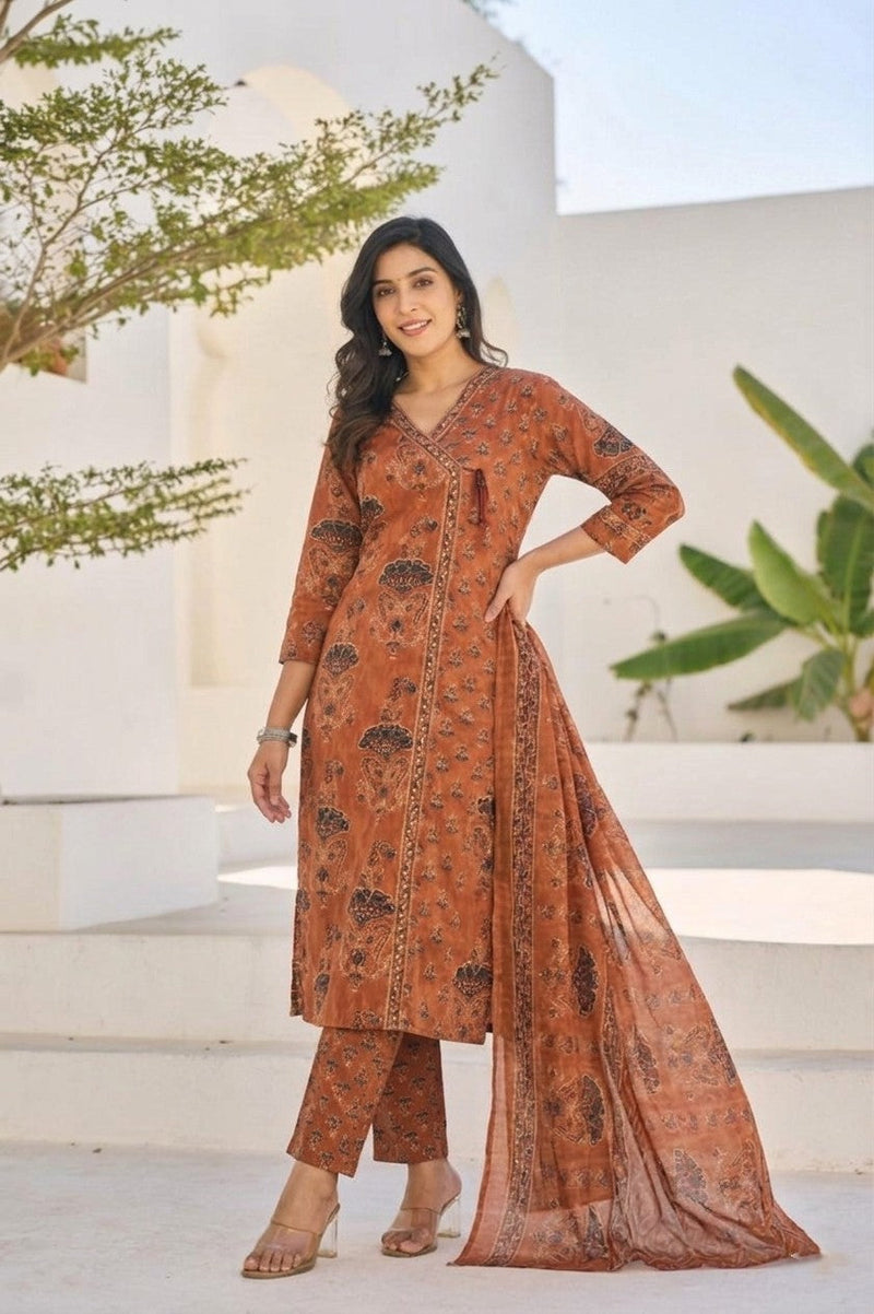 Be Unique Wear Brand Traditional Rust Cotton Printed 3-Piece Kurta Set for Women