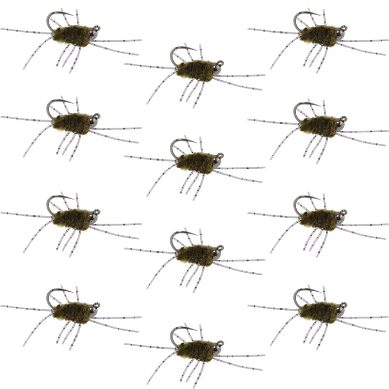 Barbless Pats Rubber Legs Tungsten Jig Dark Olive Euro Nymph 12 Flies #6