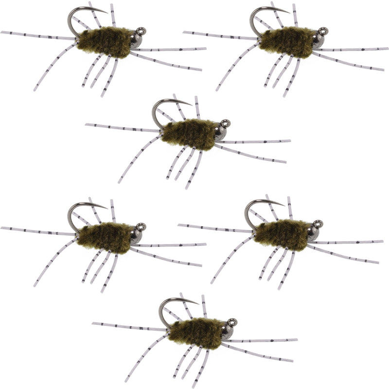 Barbless Pat's Rubber Legs Tungsten Jig Dark Olive Euro Nymph 6 Flies #6