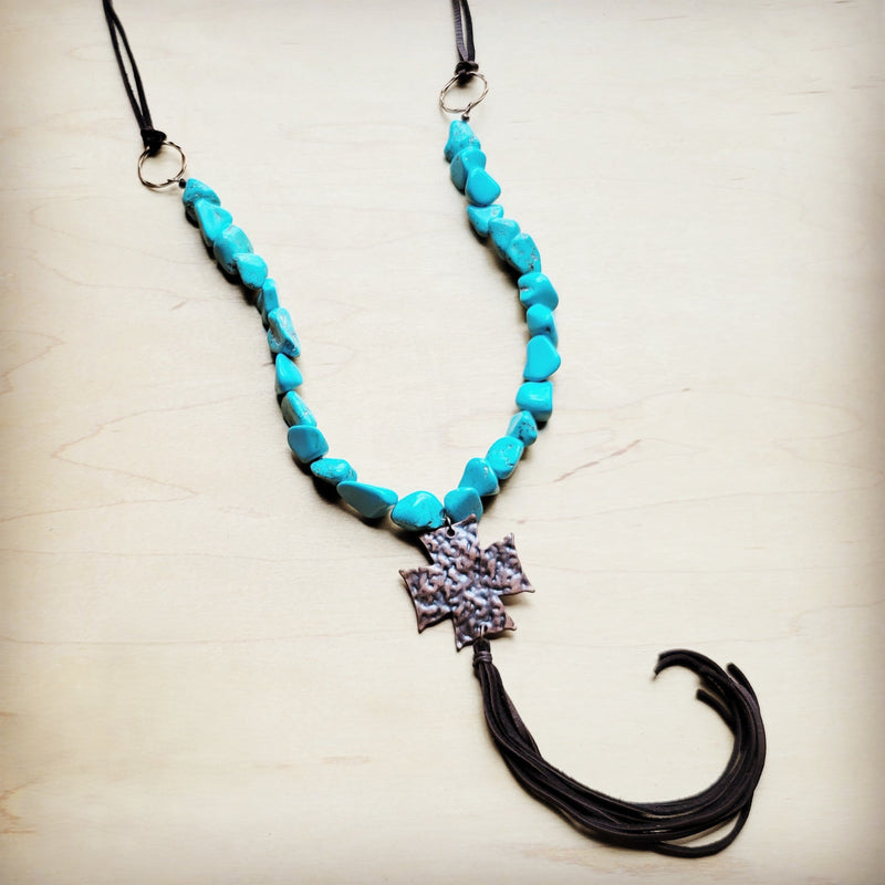 **Chunky Magnesite Beaded Cross Necklace w/ Leather Tassel 258j