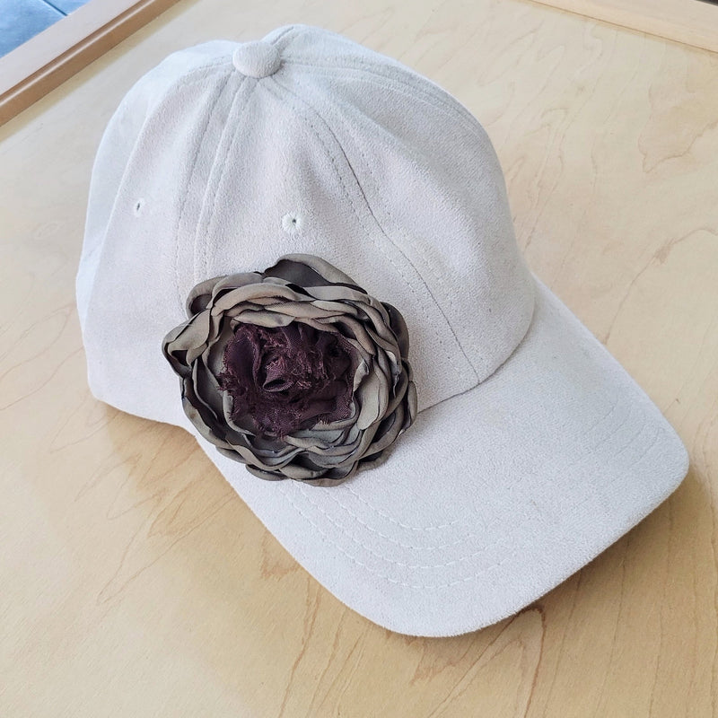 Suede Baseball Cap with Shabby Chic Silk Flowers-Ivory 986o