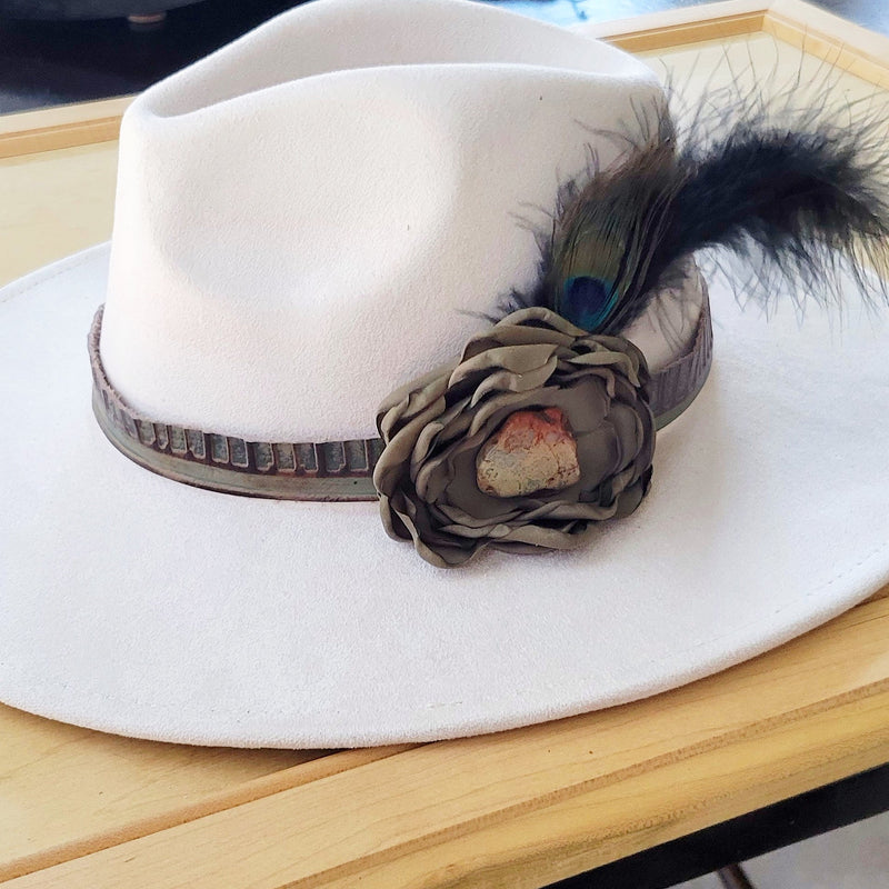Leather Hat Band w/ Silk Flower & Feathers-Olive (Band Only) 952z