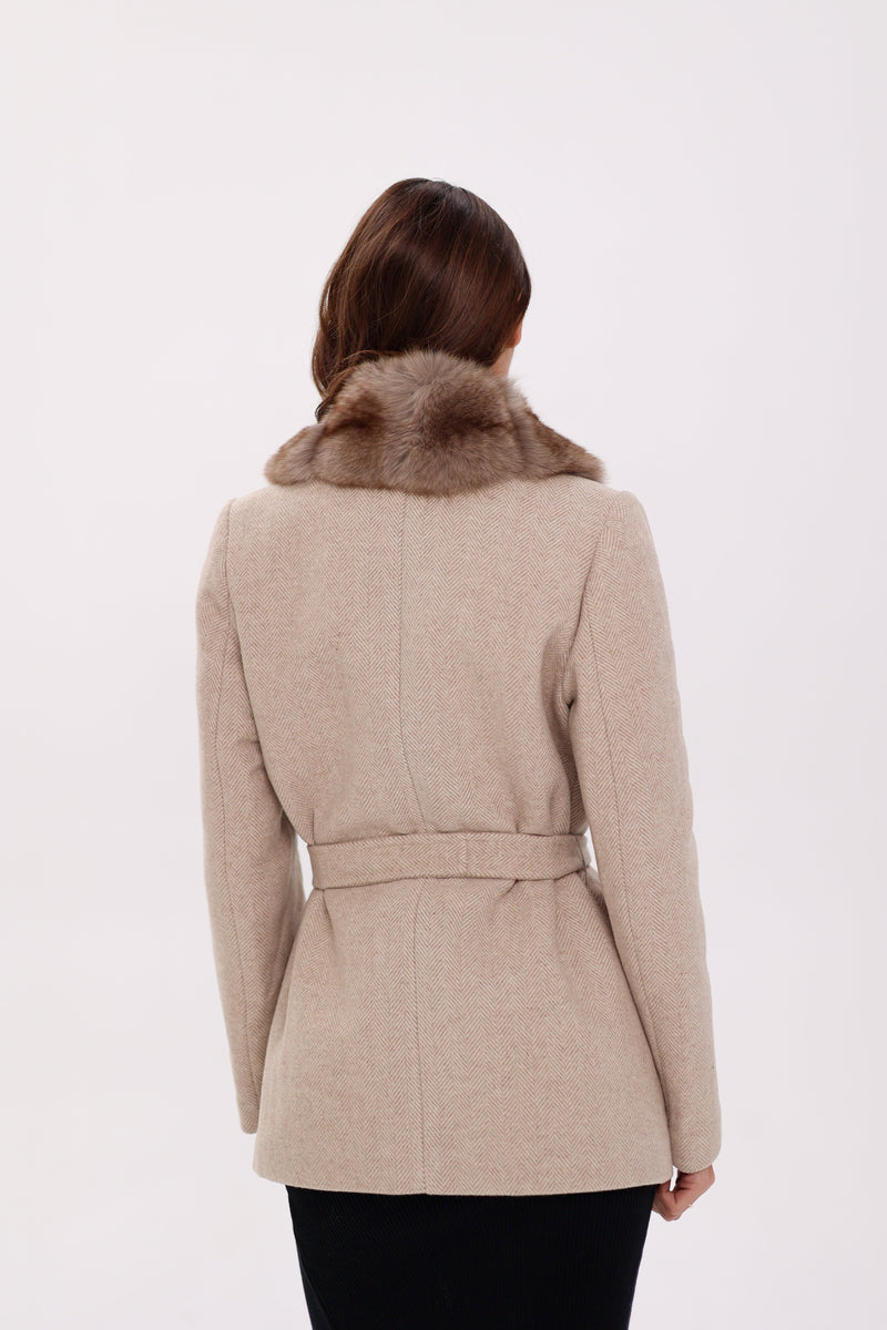 Genuine Polar Fox Fur Virgin Wool Coat in Nude