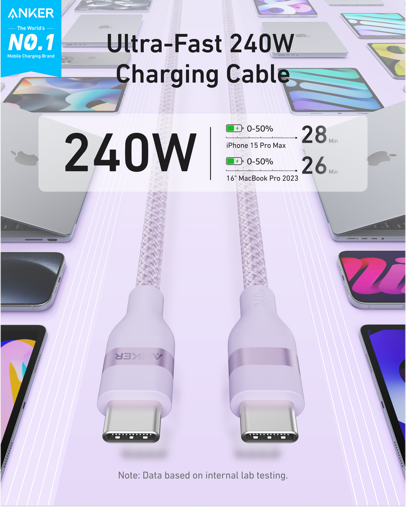 Anker USB-C to USB-C Cable (3 ft / 6 ft, 240W, Upcycled-Braided)