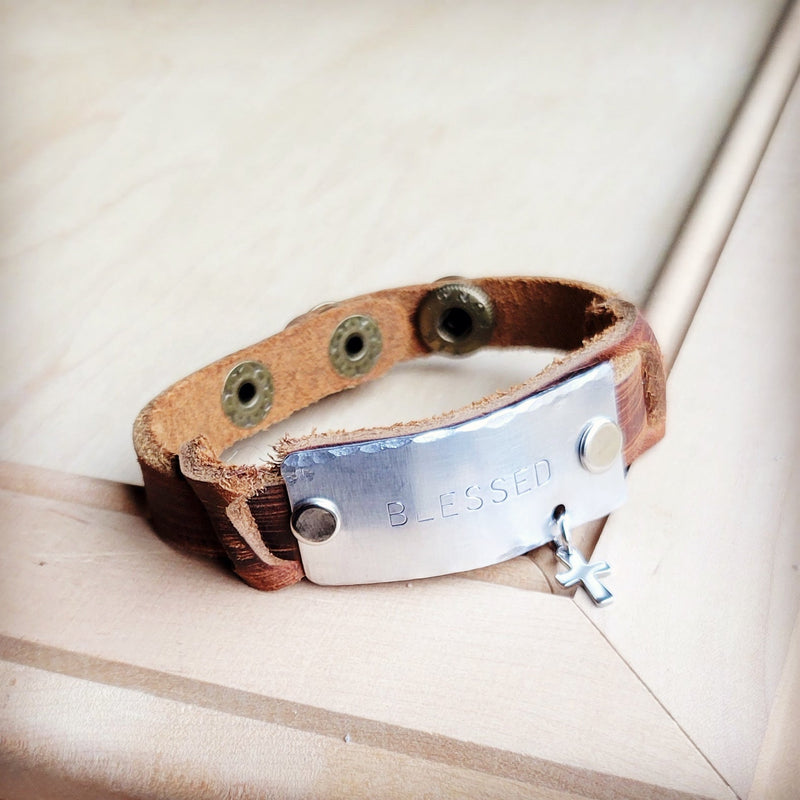 **Blessed Hand Stamped Genuine Leather Cuff 003b