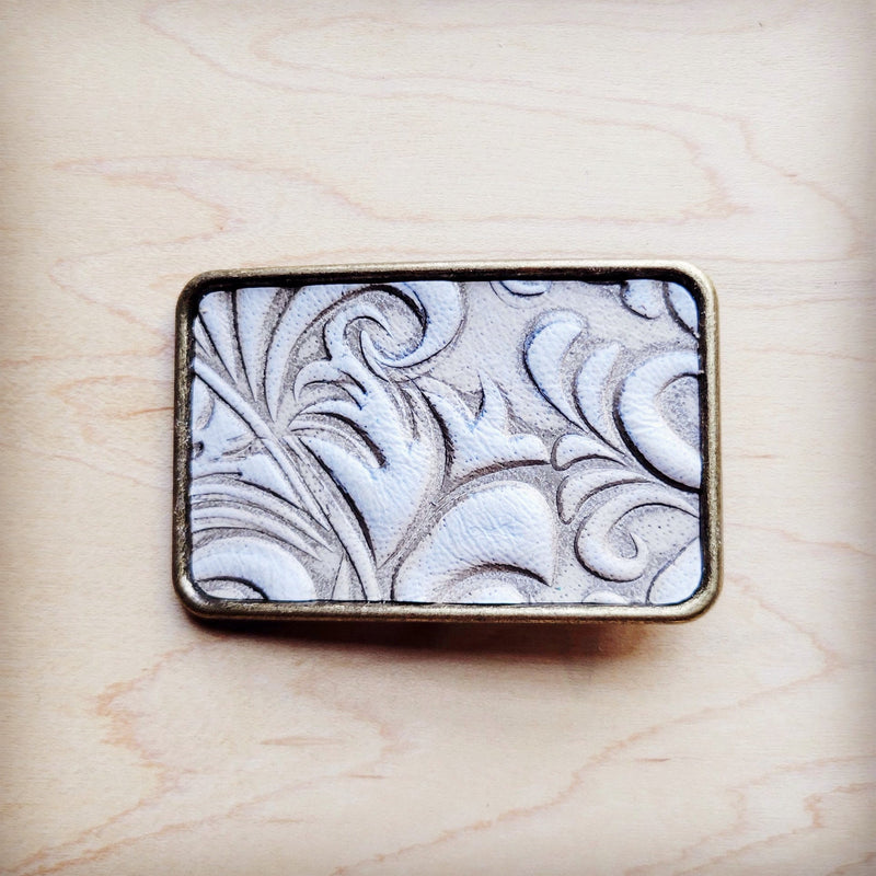 **Rectangle Sandy White Floral Leather Belt Buckle 906ff