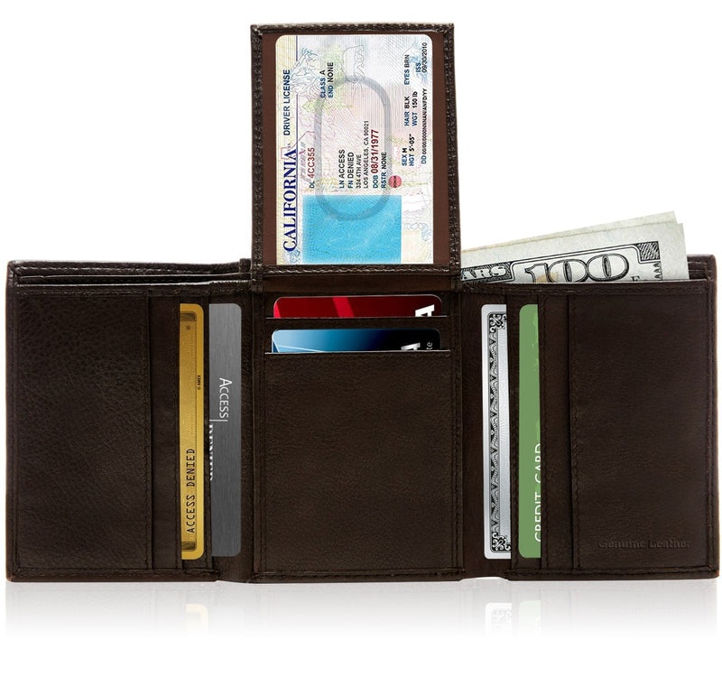 Genuine Leather Trifold Wallet – Flip-Up Dual ID Windows, RFID Blocking