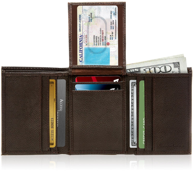 Genuine Leather Trifold Wallet – Flip-Up Dual ID Windows, RFID Blocking
