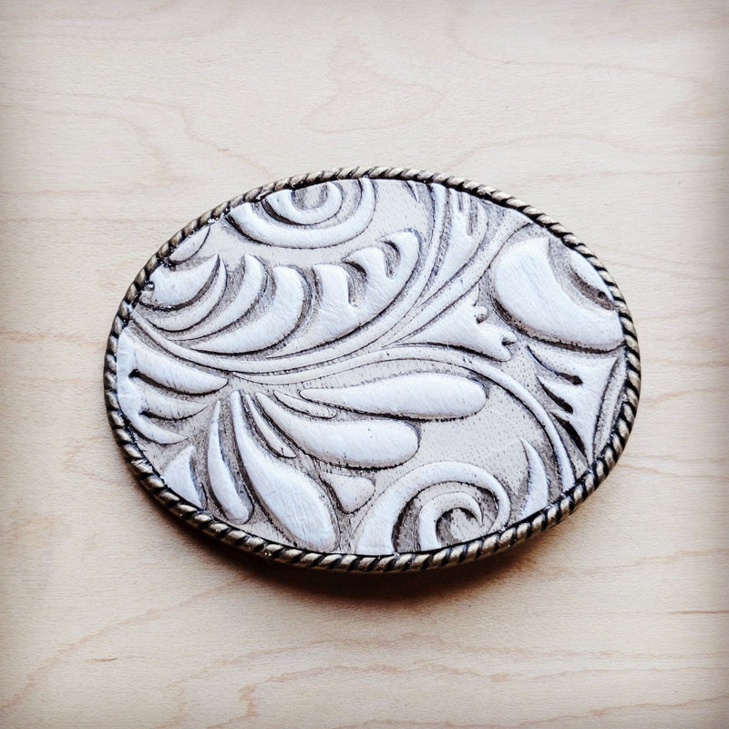 Rope Edge Sandy White Floral Leather Belt Buckle 907i