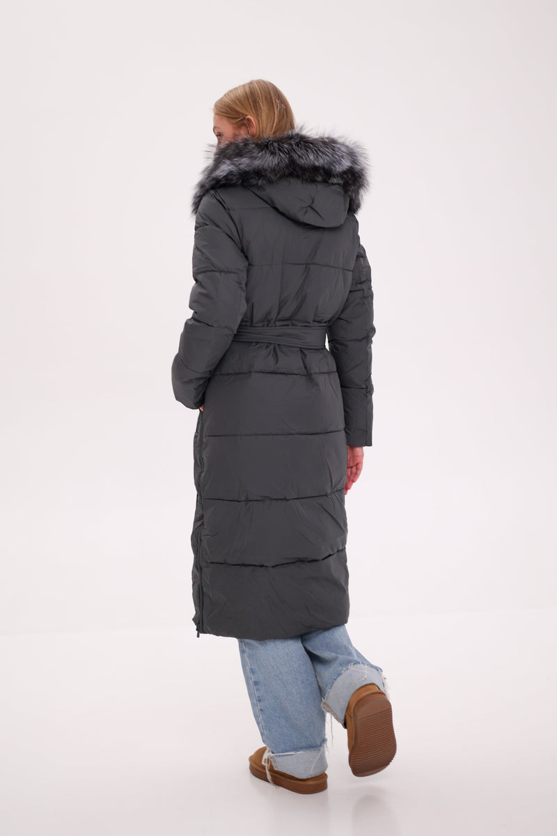 Genuine Silver Fox Belted Winter Insulated Coat